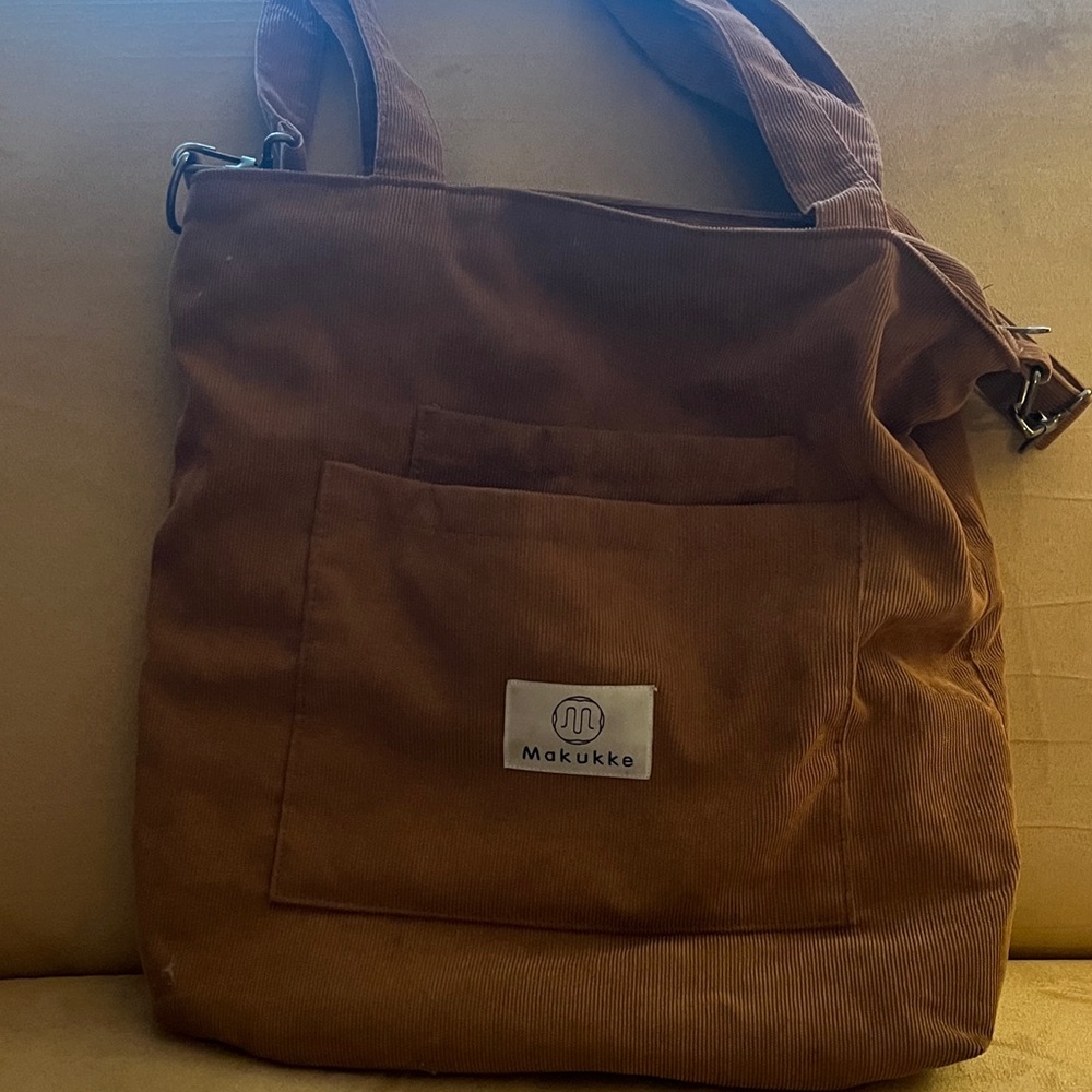 Brown corduroy sack type purse. Two inside pockets and two outside pockets.